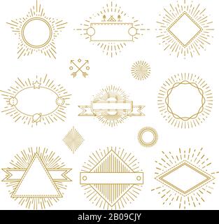 Vintage Circle Sunburst Line Embleme, Abzeichen, Etiketten, Logos mit Sunrise Frame Vector Set. Vorlagenrahmen für Logo mit Sonnenstrahl, Sammlung von Sonnenplatzwabzeichen Illustration Stock Vektor