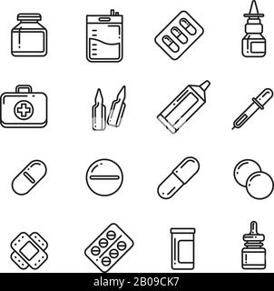 Pillen, Medikamente, Apothekenmedizin, Vektorsymbole für Medikamentenlinien. Medikamentenkapsel Vitamin, chemische Tablette in Flaschenabbildung Stock Vektor