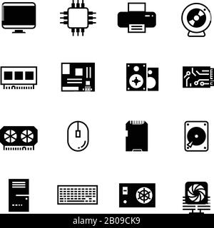 Computerhardware, hdd-Speicher, RAM, Mikrochip, cpu-Vektorsymbole. Hardware-Computer, Mikrochip für Geräte und hdd-Speicherfestplatte für Computerabbildung Stock Vektor