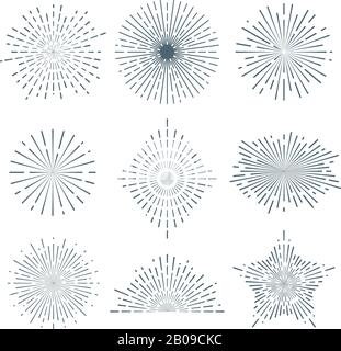 Handgezeichneter Sonnenaufgang, klassischer Radialaufplatzer, abstrakte Line-Sonnenschein-Vektorsammlung. Radialstrahllinie, Radialstrahlen bei Sonnenschein, Abbildung Stock Vektor