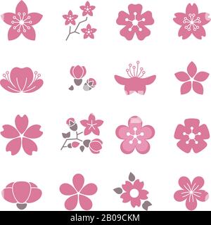 Kirschblüte, Frühlingssakura, Vektorsymbol Set. Blüte Sakura Blume, Zweig der Blüte Sakura Illustration Stock Vektor