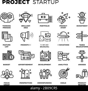 Start, Start von Business, Workflow, Start neuer Produkte, Suche nach Thin Line Vector-Symbolen. Projektmanagement und Satz linearer Symbole Projektabbildung Stock Vektor