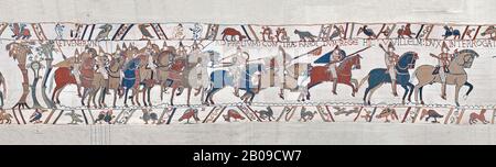 Bayeux Tapestry Szene 48: Herzog Williams Norman Cavalry Advance on Harols Saxons. BYX48 Stockfoto