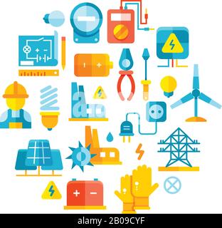 Elektrische Leistung, elektrische Leitungen, Stromvektorkonzept mit flachen Symbolen. Rundes Logo mit elektrischem Emblem und Ausrüstung für die Stromabbildung in der Produktion Stock Vektor