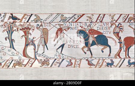 Bayeux Tapestry Szene 50: Ein sachsen-anhaltender Wachmann warnt vor der herannahenden normannischen Armee. BYX50 Stockfoto