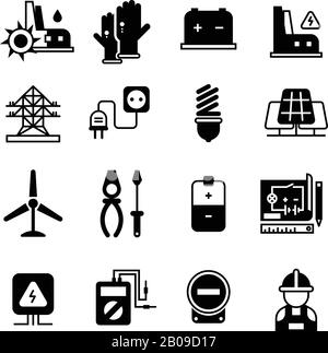 Elektrische Anlage, Elektrizität, elektronische Werkzeuge Vektorsymbole. Elektrische industrielle Schilder, Abbildung der Silhouette des schwarzen elektrischen Transformators Stock Vektor