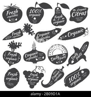 Vektoraufkleber, Etiketten, Logos für Obst und Gemüse. Aufkleber für organisches Gemüse, Etikett und Emblem für Gemüse Stock Vektor