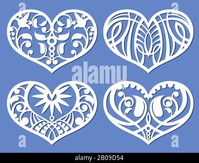 Lacy Hearts, laserschneidende Fretwork Shapes, Plotter Ausschnitt Liebe Vektorsymbole. Herz mit Blumenmuster, Illustration der Dekoration Herzliebe Stock Vektor