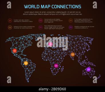 Infografievorlage zur Kommunikation mit Vector World Polygonal Map mit Legende. Weltkarte linear, Abbildung des globalen Karteninternets Stock Vektor