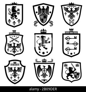 Königsschilde, Adelsheraldik Wappen Vektor gesetzt. Schild mit majestätischen Tieren, Schilderdarstellung Heraldik Stock Vektor