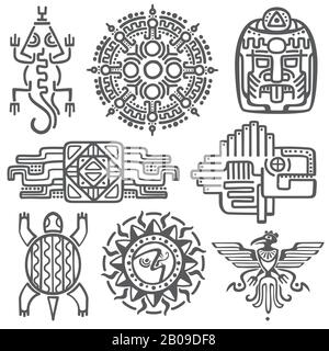 Symbole für die antike mexikanische Vektormythologie: Amerikanische aztekische, mayanische Kultur - einheimische Totemmuster. Aztec und mexican Tattoo, Illustration des maya-symbols Tattoo Stock Vektor