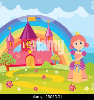 Cartoon-Prinzessin und Märchenburg mit Landschaftsvektorillustration. Märchenhaftes Königreich mit Architektur, die eine mittelalterliche Burg zeichnet Stock Vektor