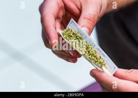 Nahaufnahme des Betäubens und Rollens einer gefälschten 100-Dollar-Rechnung Cannabis-Joint Stockfoto