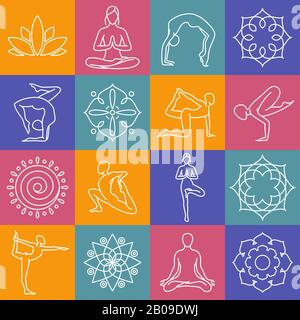 Yoga, Körper stellt Vektorsymbole für Pilates Studio, Meditationsklasse dar. Körperposition für Yoga, Zeichensatz für Yoga-Gym-Illustration Stock Vektor