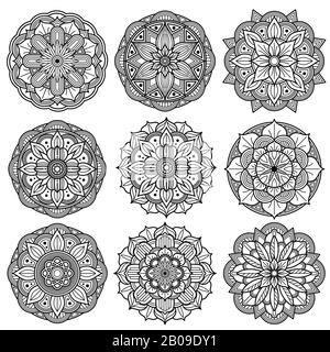 Yoga-Medaillons, Meditationsmandalas, arabesker Mustervektor. Set mit Mandala-Blumenschmuck, Henna Tattoo Mandala Dekorationsillustration Stock Vektor