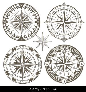 Alte Segelschiff-Navigationskompass, Windrosen-Vektorsymbole. Windrose für die Navigation im Meer, Abbildung des Kompasses mit Windrose Stock Vektor