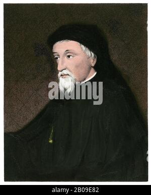 Geoffrey Chaucer. Handkolorierte Gravur aus einem Gemälde im British Museum Stockfoto