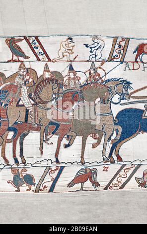 Bayeux Tapestry Szene 48: Herzog Williams Norman Cavalry Advance on Harols Saxons. Stockfoto