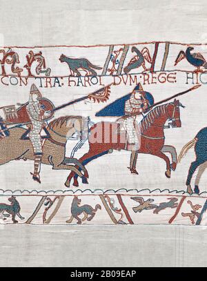 Bayeux Tapestry Szene 48: Herzog Williams Norman Cavalry Advance on Harols Saxons. Stockfoto