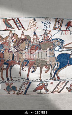 Bayeux Tapestry Szene 48: Herzog Williams Norman Cavalry Advance on Harols Saxons. Stockfoto