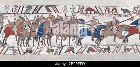 Bayeux Tapestry Szene 48: Herzog Williams Norman Cavalry Advance on Harols Saxons. Stockfoto