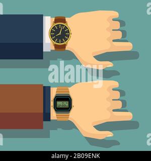 Businessmans Hand mit Armbanduhr. Zeitersparnis, Pünktlichkeitsvektorkonzept. Business-Armbanduhr, menschliche Hand mit Uhrenabbildung Stock Vektor