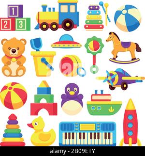 Kinder Spielzeug Cartoon Vector Icons Kollektion. Bunte Spielzeuge, Illustration Spielzeugpferd und Ente Stock Vektor