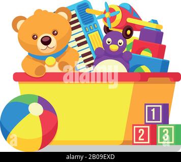 Kinderspielzeug in der Kinderbox Vektorclipart. Cartoon Kids Spielzeug in der Box Burg und Teddybär-Illustration Stock Vektor