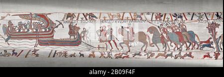 Bayeux Tapestry Szene 6 - 7: Harold wird von Guy de Ponthieu für die Landung ohne Genehmigung aufgefüllt. Stockfoto