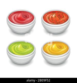 Verschiedene Gourmetsaucen, Senf, Ketchup, Soja, Marinade in weißen kleinen Gerichten Vektor. Set mit verschiedenen Soßen, Illustration von pikanter Soße Stock Vektor