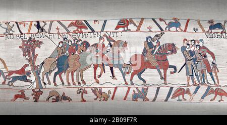 Bayeux Tapestry Szene 8: Guy de Ponthieu, der Falcon hält, eskortiert seinen Gefangenen, Harold, nach Beaurain. Stockfoto