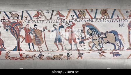 Bayeux Tapestry Szene 10: William schickt Boten zu Guy de Ponthieu, die Harolds Freilassung anordnen. Stockfoto