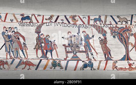 Bayeux Tapestry Szene 9: Guy de Ponthieu, auf dem Thron, besprach seine mit Harold seine Lösegeldforderungen. Stockfoto