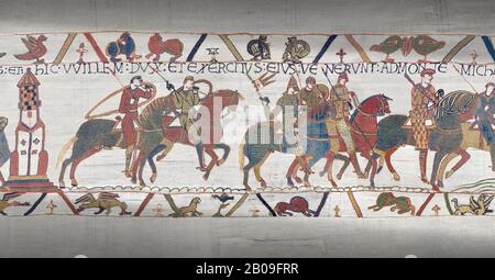 Bayeux Tapestry Szene 16: Harold reitet mit Herzog William, um Conan, Herzog von Britany, zu bekämpfen. Stockfoto