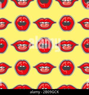 Helle Lips Patch-Vektor nahtloses Muster. Cartoon Lips Mädchen Illustration Stock Vektor