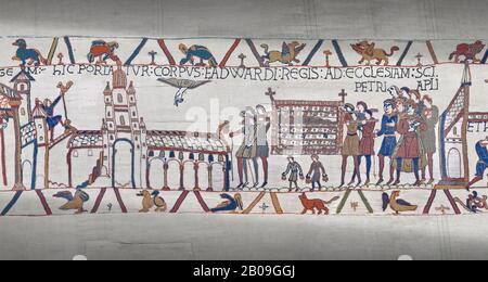 Bayeux Tapestry Szene 26: Edward The Confessor's Corpes wird zur St Peters Kirche getragen. Stockfoto