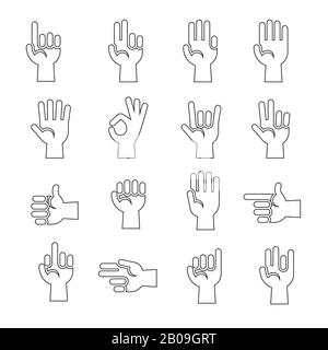 Vektorsymbole mit Strichgrafiken für die Hände, die in schwarz-weißer Abbildung dargestellt sind Stock Vektor