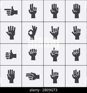 Die Vektorsymbole für die Gesten der Hände sind in Schwarzweiß eingestellt. Abbildung: Daumen und Berührung Stock Vektor