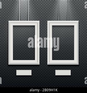Leere weiße Posterrahmen isoliert auf transparente karierte Wandvektorabbildung. Rahmen in Galerie oder Museum hängen, Ausstellung mit Rechteckrahmen Stock Vektor