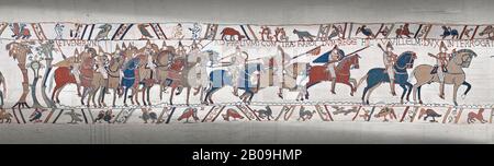 Bayeux Tapestry Szene 48: Herzog Williams Norman Cavalry Advance on Harols Saxons. Stockfoto