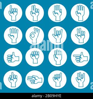 Vektorsymbole für Handbewegungen werden blau angezeigt. Abbildung des Symbols der menschlichen Hand Stock Vektor