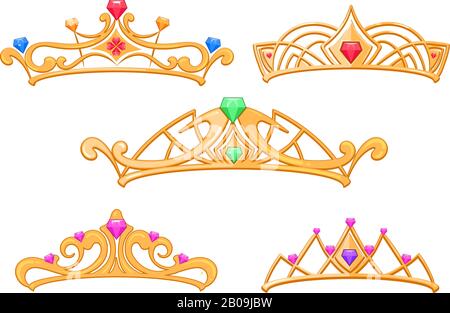 Vector Princess Kronen, Tiaras mit Edelsteinen Cartoon Set. Luxuriöse Königskrone mit Edelstein, Illustration von modischen goldenen Kronen Stock Vektor