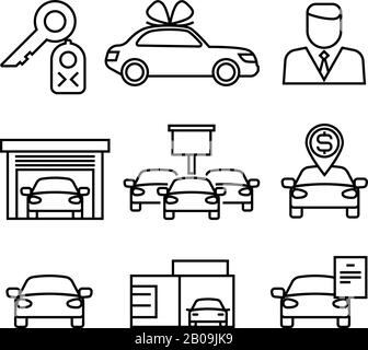 Autohäuser, Kauf und Verkauf von Pkws Linienvektor-Icons für den Automobilhandel, Händlerautoverkauf Illustration Stock Vektor