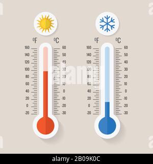 Meteorologiethermometer Celsius und fahrenheit, die Wärme und Kälte messen, Vektorgrafiken. Thermometergeräte, die heißes oder kaltes Wetter zeigen Stock Vektor