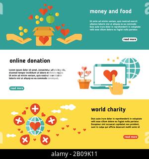 Gemeinnützige Organisation, Wohltätigkeitsorganisation, Philanthropie, Spenden, Spenden, soziale Hilfe Vektor-Banner gesetzt. Online-Spenden-Webplakat, Illustration der weltweiten Wohltätigkeitsorganisation und Spende Stock Vektor