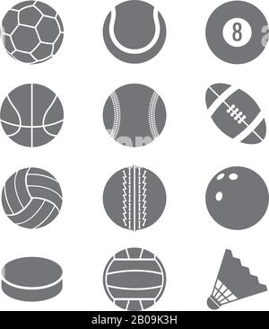 Sportbälle Fußball Basketball und Tennisvektor-Ikonen. Abbildung der Kugeln für Bowling und Volleyball Stock Vektor