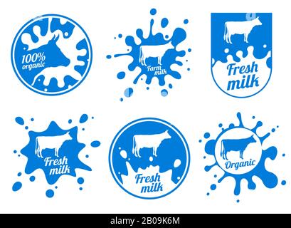 Vektor-Logos für Molkereiprodukte, Milch-Abzeichen, Etiketten für Käseverpackungen mit Nutztier. Dairy Badge of Set, Frischmilchprodukt Label und Plakette Illustration Stock Vektor