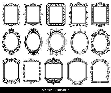 viktorianischer, klassischer, ocookaler Rahmen für Spiegel, Menü, Kartendesign und Vektorgrafik. Blakc-Musterrahmen, Illustrationssatz von Rahmen für das Design Stock Vektor