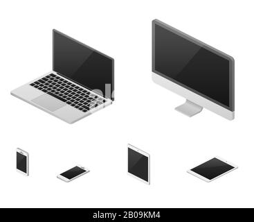 Isometrisches 3D-Notebook, Tablet, Smartphone, reaktionsschnelles Web-Design-Vektorelemente auf dem Computerbildschirm. Gerätesatz mit Flachbildschirm, Abbildung des Geräts für die Kommunikation Stock Vektor