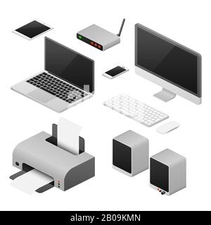 Isometrische digitale 3D-Vektorcomputer und Zubehör für den Büroarbeitsplatz. Arbeitsplatz mit Laptop, Lautsprecher und Drucker, Abbildung des digitalen Geräts für die Arbeit Stock Vektor